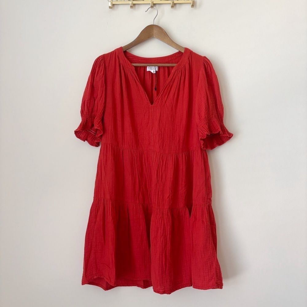 Velvet by Graham & Spencer Orange Cotton Gauze Tiered Dress Small